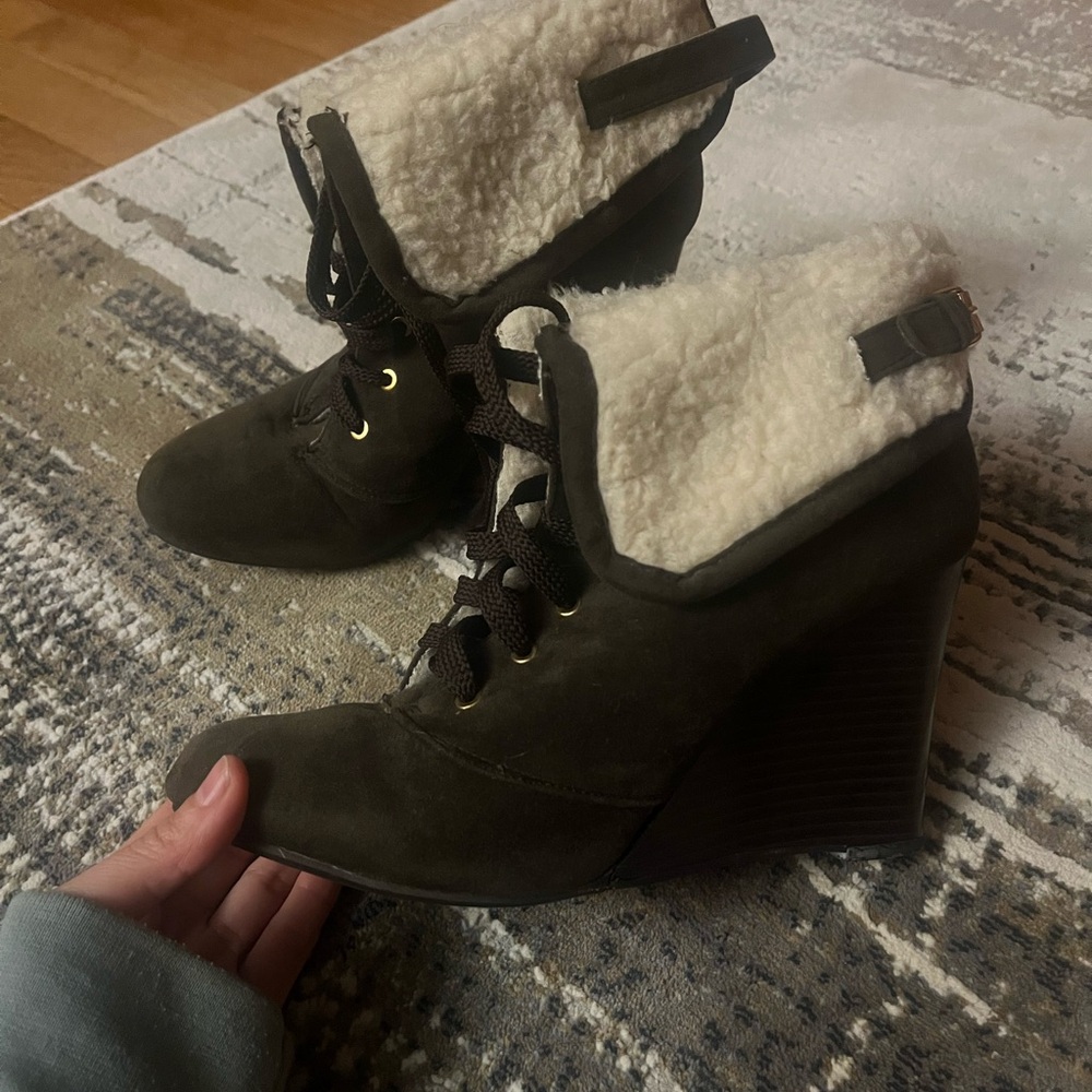 BAMBOO Dark Brown Shearling-Lined Wedge Boots